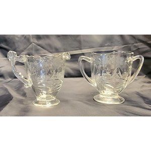 Vintage Creamer And Sugar Cut Etched 2 Piece Mold Applied Handles Glass Is Thin